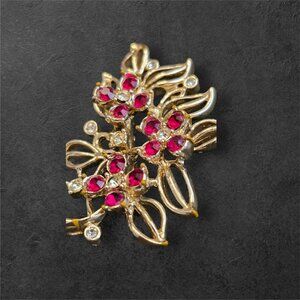 Vintage Gold-Tone Floral Brooch With Red Rhinestones Dainty 1950s MCM